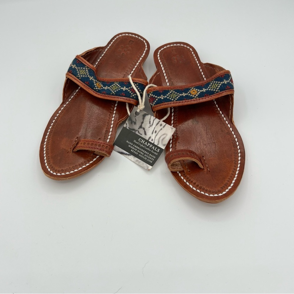 NWT Soulie Women's 5 Chappals Brown Leather Sandals Embroidered Strap Summer - Picture 2 of 6
